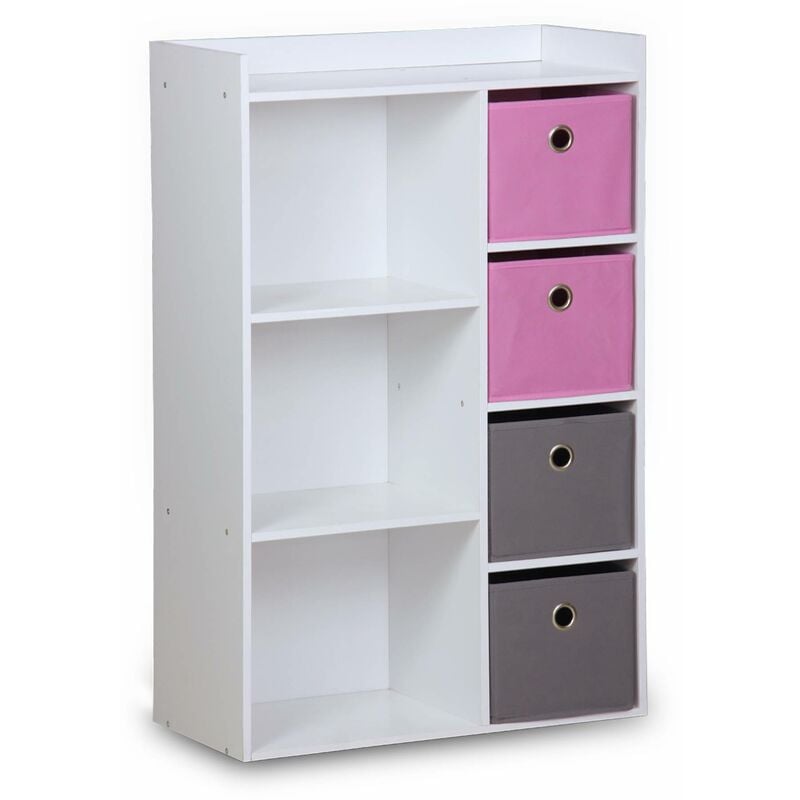 Meuble de rangement pour enfant. blanc - Camille - avec 7 compartiments et 4 paniers gris et roses
