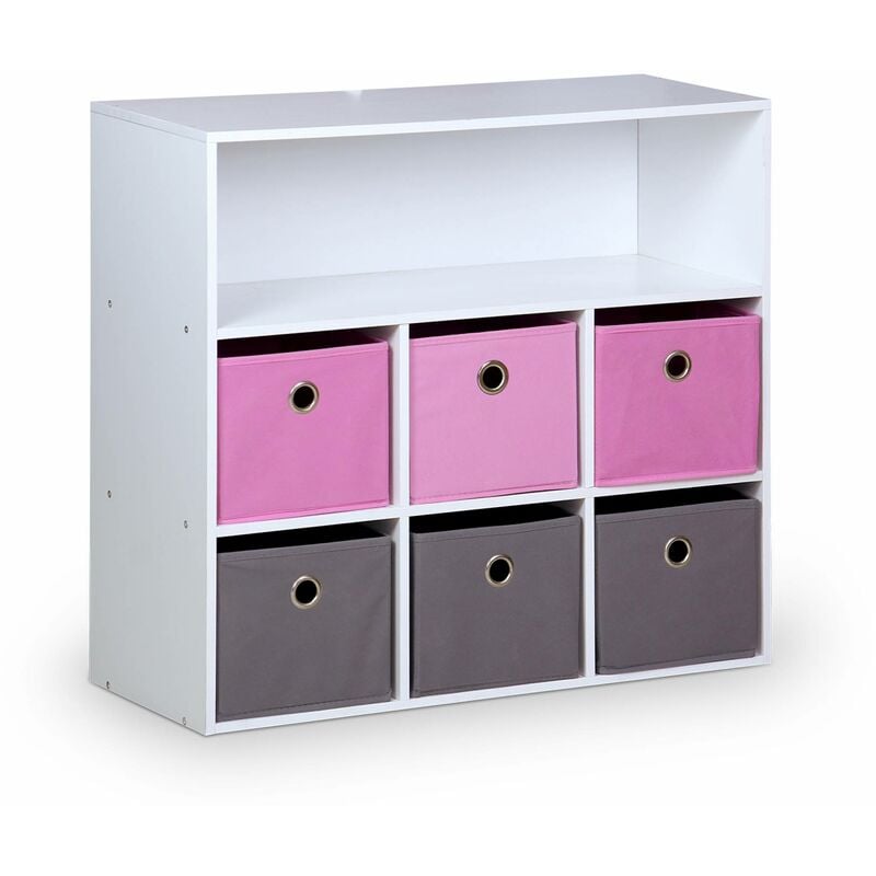 Meuble de rangement pour enfant. blanc - Camille - avec 7 compartiments et 6 paniers gris et roses