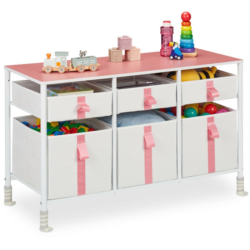 Meuble de rangement pour enfants, 6 tiroirs, commode, env. 61,5 x 100 x 40,5 cm, tissu et métal, blanc/rose - Relaxdays