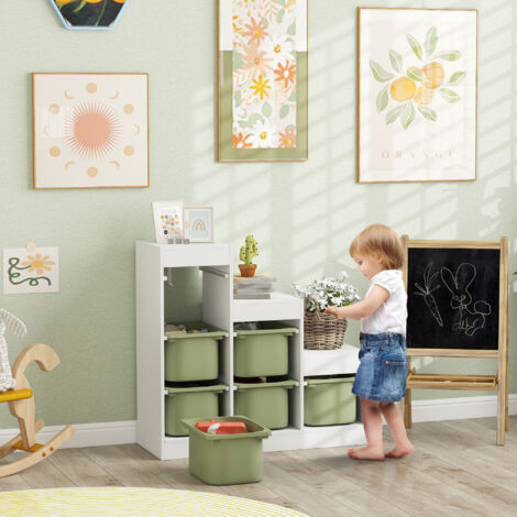 Meuble de rangement pour jouets des enfants avec 6 bacs amovibles. 3 niveaux de rangement. 96 x 38.5 x 90. vert