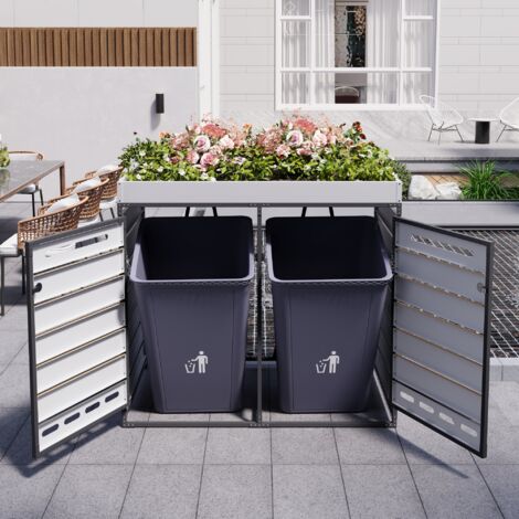 Meuble de rangement pour poubelles avec bac à plantes, lattes horizontales imitation bois, trous d'aération, armoire de jardin entièrement en fer avec serrure