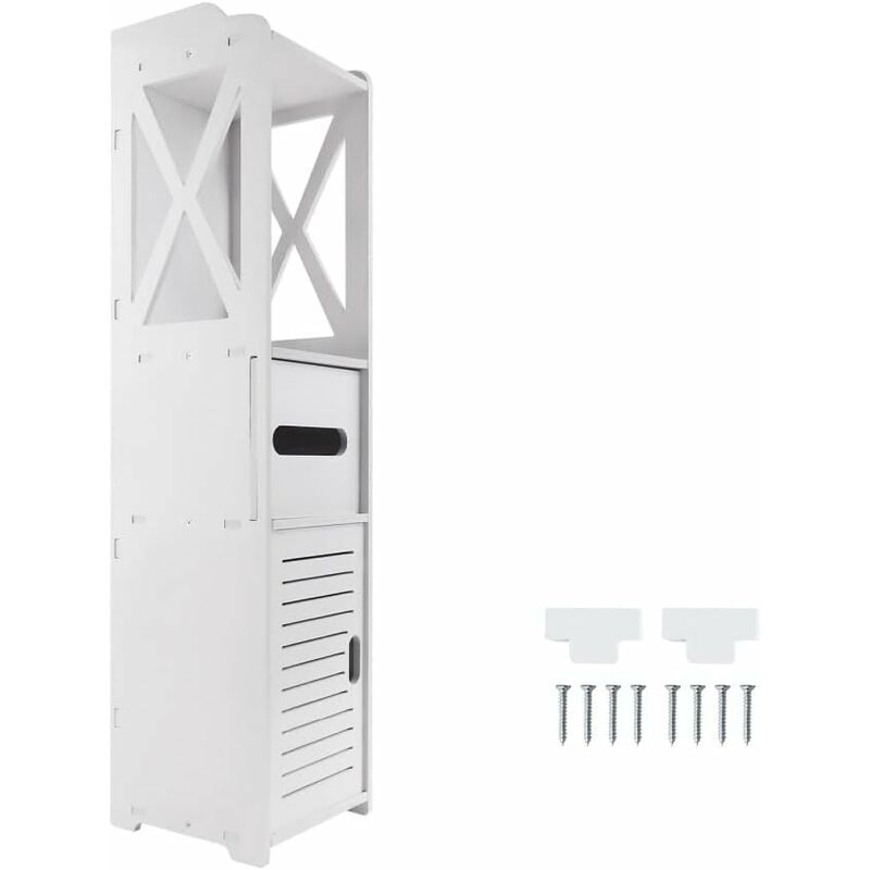 Hsha - Meuble de rangement pour salle de bain avec porte et étagère à 3 niveaux - Blanc - 20 x 18 x 80 cm