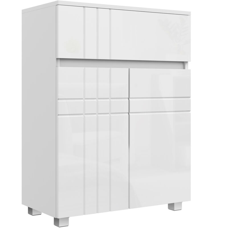 Meuble de rangement pour salle de bain sur pied placard 2 portes 1 tiroir, étagère régable, blanc laqué-Blanc
