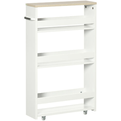 Meuble de rangement salle de bain à roulettes – 48L x 15l x 80H cm – 3 étagères avec rebords – Mélaminé blanc et chêne clair – MH