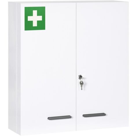 Meuble de rangement salle de bain Armoire à Pharmacie Murale 2 Portes 6 Étagères Acier Blanc 55x18x60cm pour Médicaments Soins
