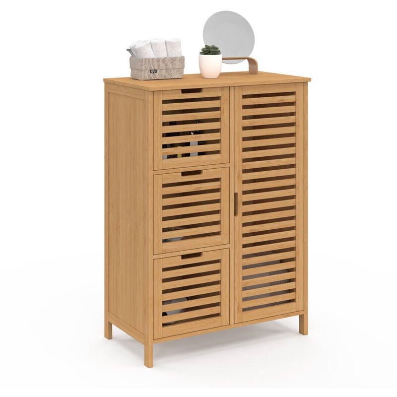 Meuble de rangement salle de bain bambou bea 3 tiroirs avec placard