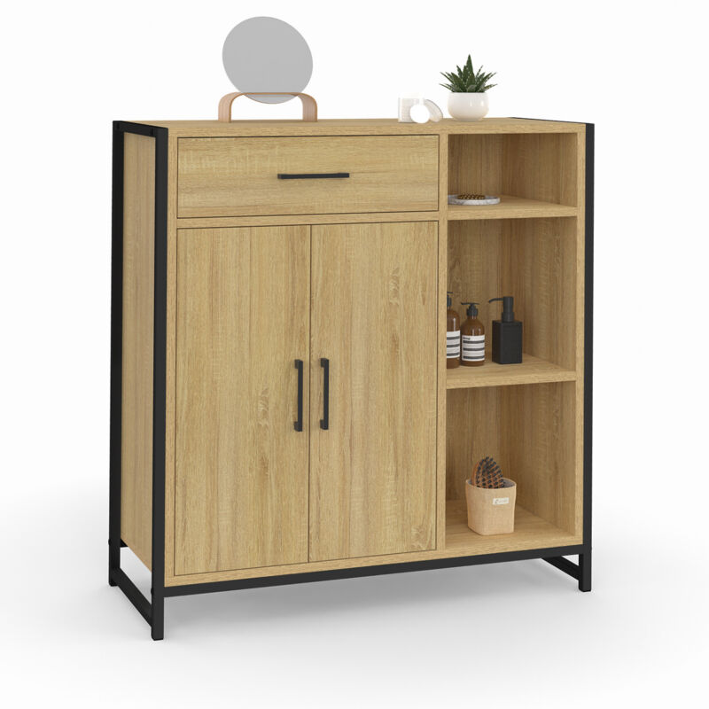 Meuble de rangement salle de bain detroit 1 tiroir 2 portes placard et étagères design industriel