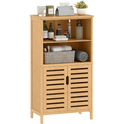 Meuble de rangement salle de bain en bambou avec 2 portes ajourées et 2 compartiments 50 x 29 x 92 cm naturel