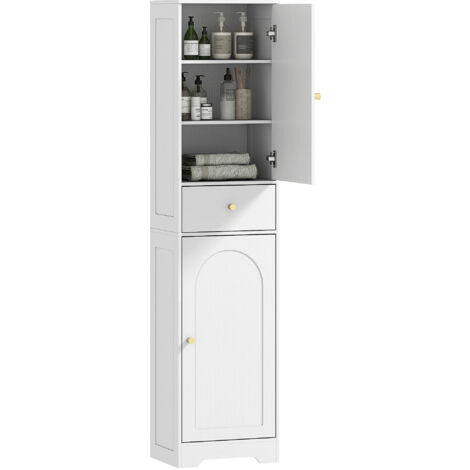 Meuble de rangement salle de bain haute colonne blanc 40x29,5x170cm avec placards, tiroir et étagères réglables, armoire pratique pour salle d'eau.