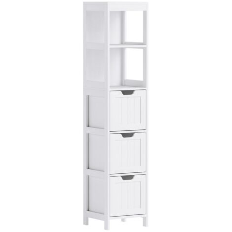 Meuble de rangement salle de bain Kleankin, Armoire 3 tiroirs 2 niches pour bathroom, salon, Blanc 30x30x142.4 cm
