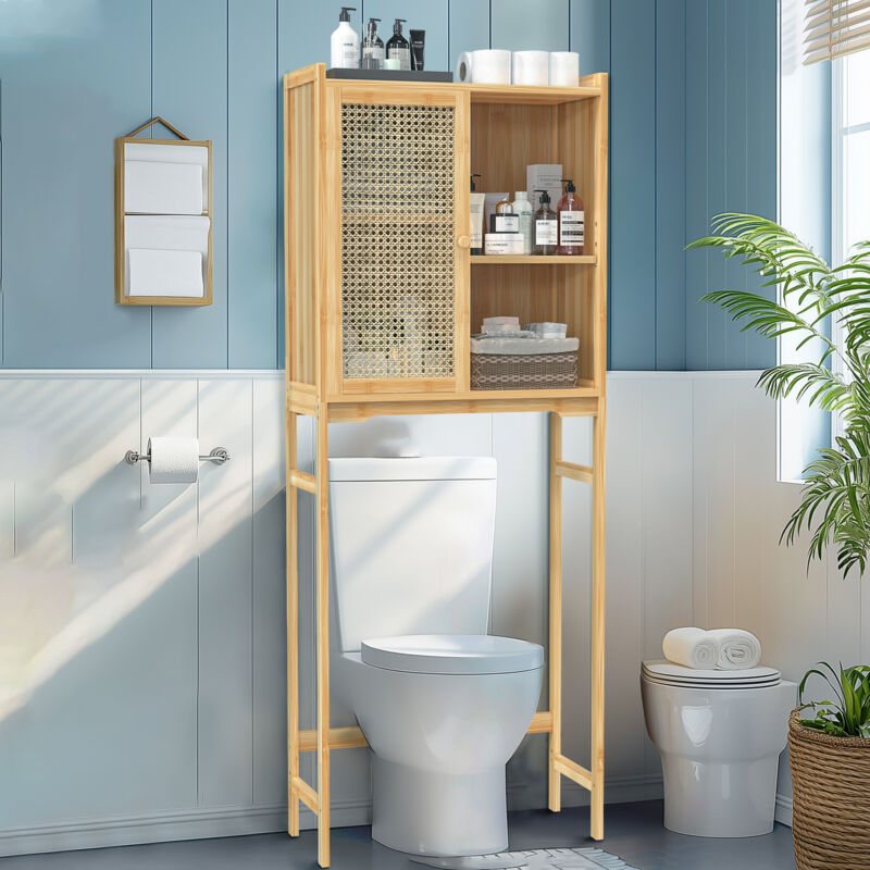 Unho - Meuble de Rangement Salle de Bain Naturel, Armoire Toilette Haute avec Porte Design, Étagère Réglable, Rustique - 60 x 25.8 x 155.5 cm