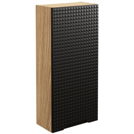 Meuble de rangement salle de bain VELNIA – 1 porte – 35 cm – Coloris chêne clair et noir – À suspendre