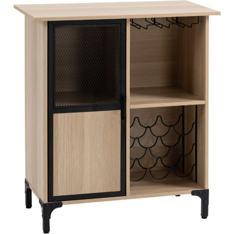 Meuble de rangement style industriel casier à bouteilles support verres à vin placard étagère acier noir aspect chêne clair - Beige