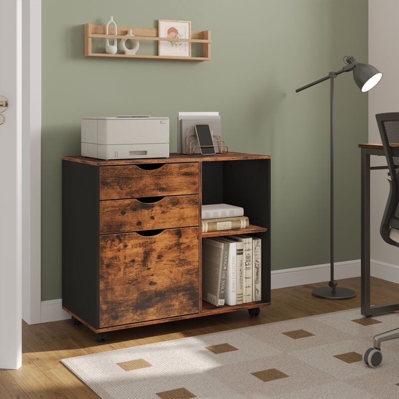 Woltu - Meuble de Rangement armoire à dossier, avec 3 Tiroirs et 2 Compartiments Ouverts, 80x39,5x69,5 cm, en Bois d'Ingénierie, Marron Rustique