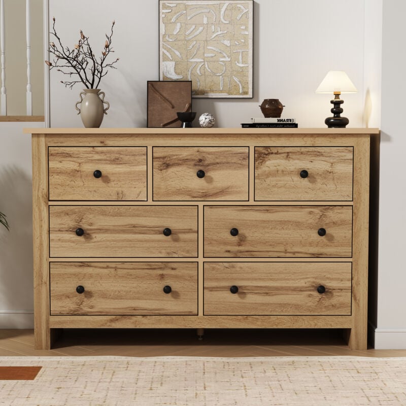 Meuble de salle à manger moderne minimaliste de grande capacité, buffet multi-tiroirs, meuble de bar à café original couleur bois avec 7 tiroirs pour