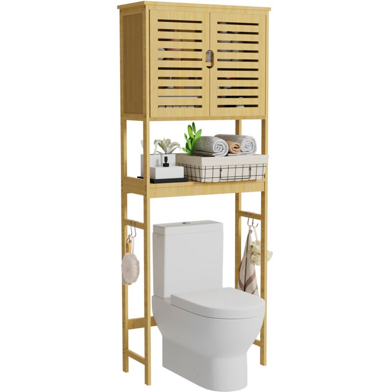 Unho - Meuble de salle bain en Bamboo Naturel, 3 Étagères Armoire Toilette Haute, Étagère de Rangement Rustique avec 1 Case Ouvert pour Salle de Bain