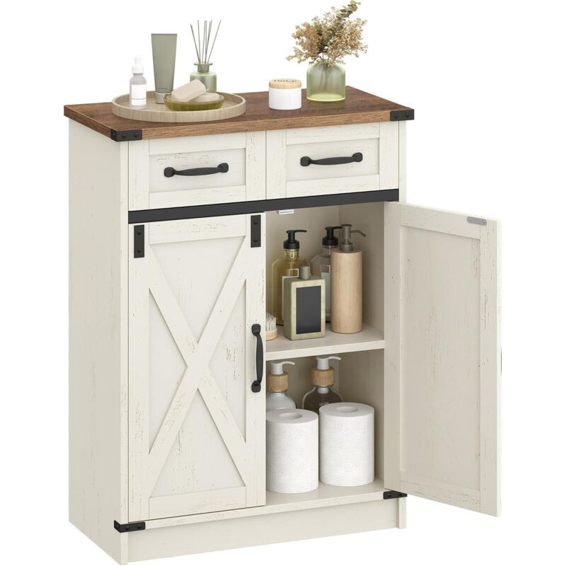 Meuble de Salle Bain, Meuble de Rangement avec 2 Tiroirs, Armoire de Salle Bain avec 2 Portes, Armoire Rangement, Étagère Réglable, Blanc Rustique et