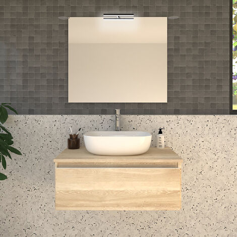 Meuble de salle de bain 1 tiroir avec vasque à poser arrondie - bambou (chêne clair) - PENA et miroir avec applique - 80cm