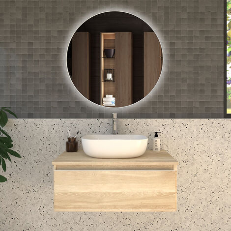 Meuble de salle de bain 1 tiroir avec vasque à poser arrondie - bambou (chêne clair) - PENA et miroir Led SOLEN - 80cm