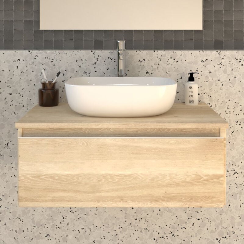 Meuble de salle de bain 1 tiroir avec vasque à poser arrondie sans miroir - bambou (chêne clair) - pena - 80cm