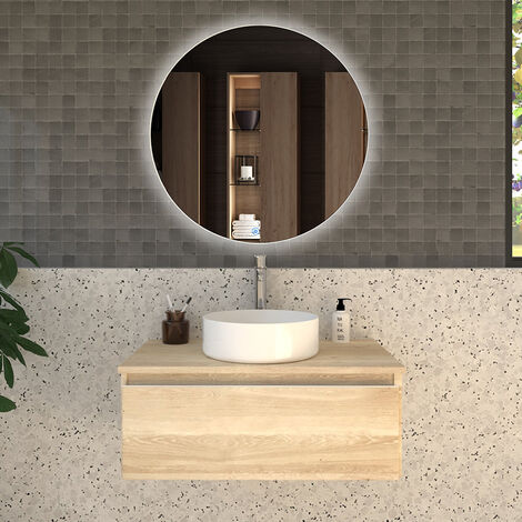 Meuble de salle de bain 1 tiroir avec vasque à poser ronde - bambou (chêne clair) - PENA et miroir Led SOLEN - 80cm