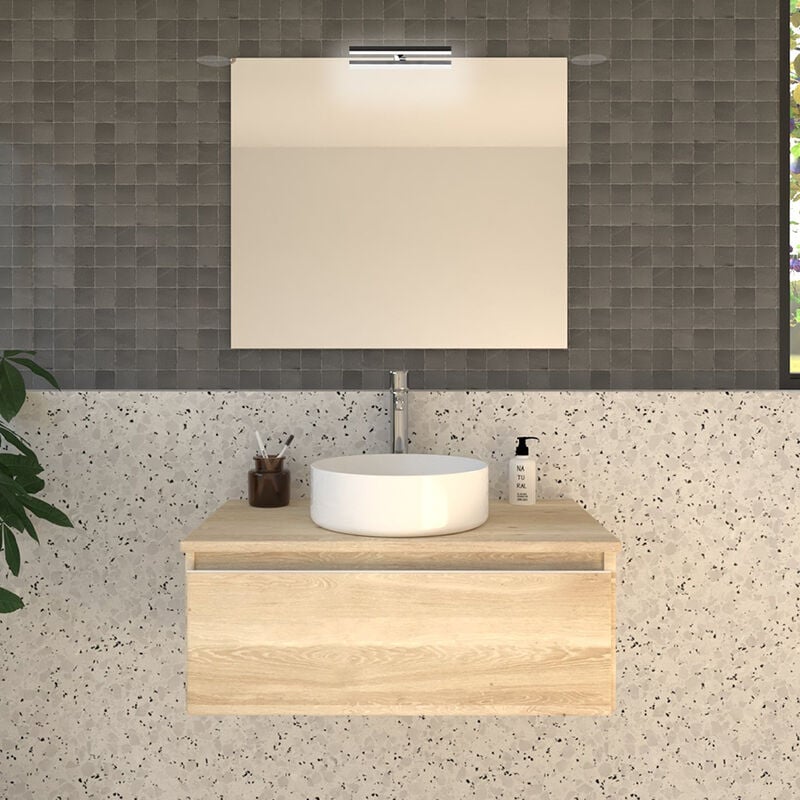 Cosyneo - Meuble de salle de bain 1 tiroir avec vasque à poser ronde - bambou (chêne clair) - pena et miroir avec applique - 80cm