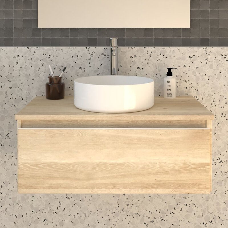 Meuble de salle de bain 1 tiroir avec vasque à poser ronde sans miroir - bambou (chêne clair) - pena - 80cm