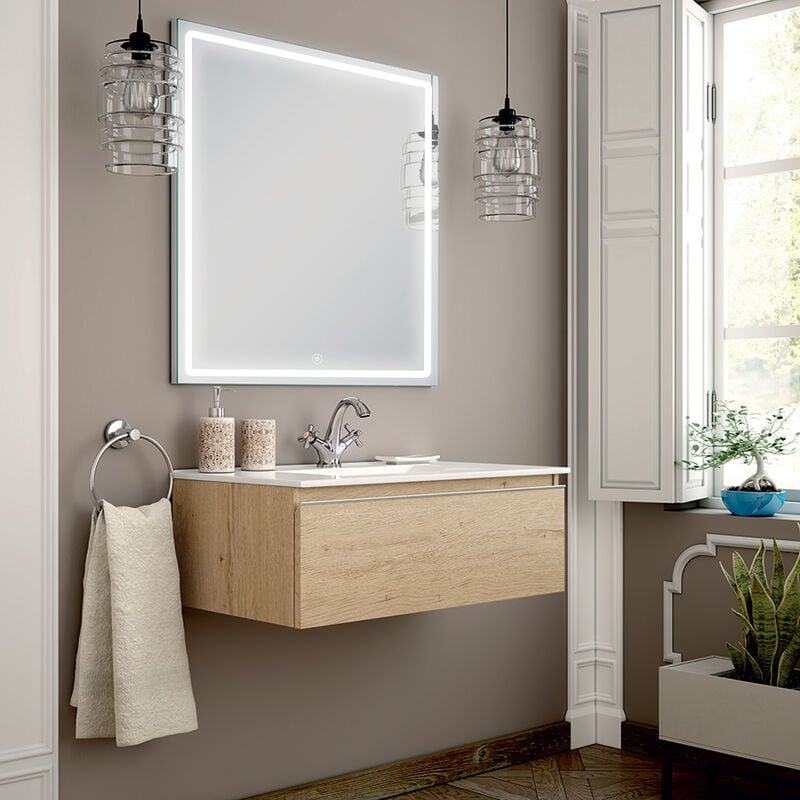 Cosyneo - Meuble de salle de bain simple vasque - 1 tiroir - bambou (chêne clair) - pena et miroir Led veldi - 80cm