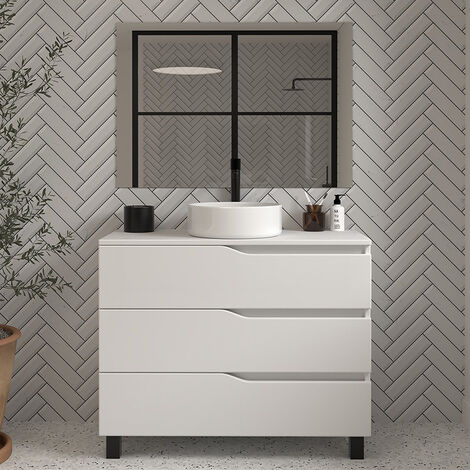 Meuble de salle de bain 100 avec plateau et vasque à poser - 3 tiroirs - blanc - MATA