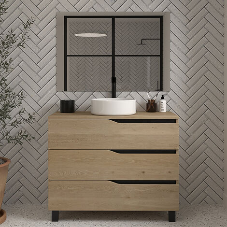 Meuble de salle de bain 100 avec plateau et vasque à poser - 3 tiroirs - madera miel (bois clair) - MATA