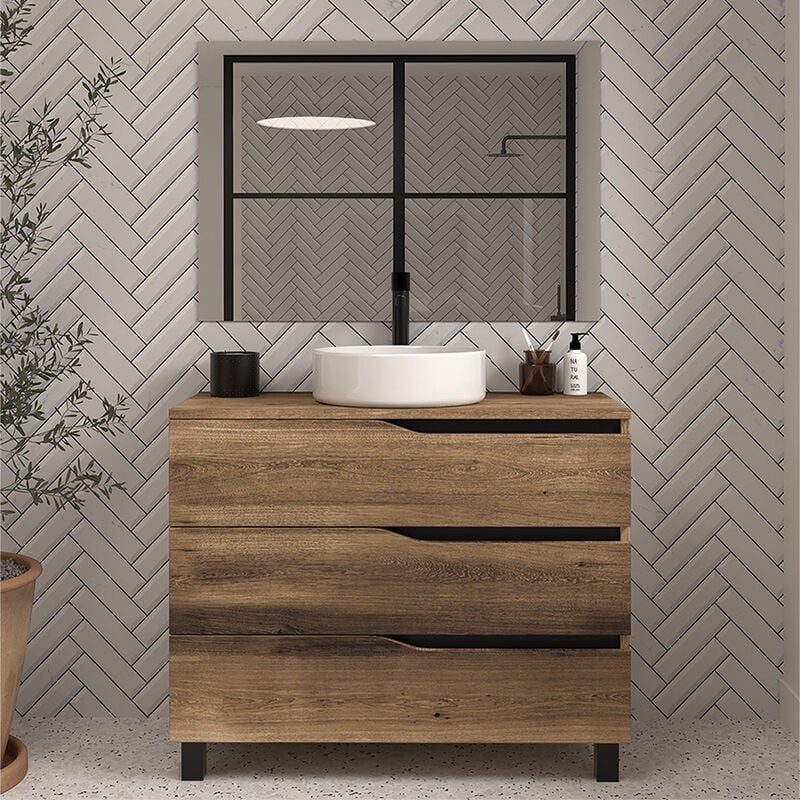 Cosyneo - Meuble de salle de bain 100 avec plateau et vasque à poser - 3 tiroirs - tabaco (bois foncé) - mata