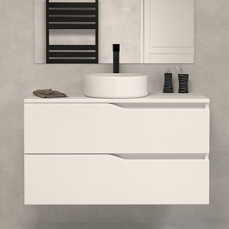 Meuble de salle de bain 100 avec plateau et vasque à poser - sans miroir - 2 tiroirs - blanc - LUNA