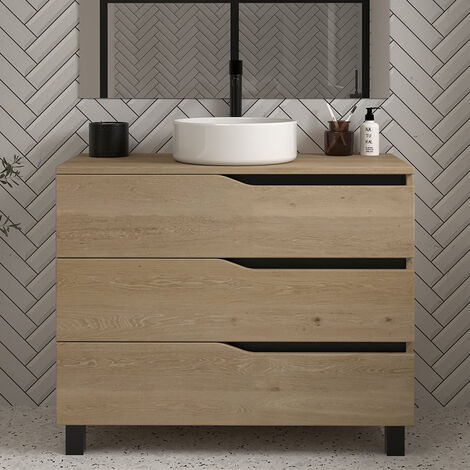 Meuble de salle de bain 100 avec plateau et vasque à poser - sans miroir - 3 tiroirs - madera miel (bois clair) - MATA