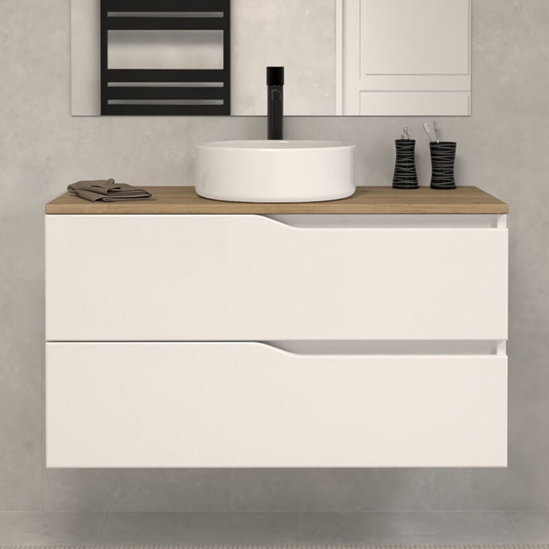 Meuble de salle de bain 100cm avec plateau miel et vasque à poser - sans miroir - 2 tiroirs - blanc - LUNA