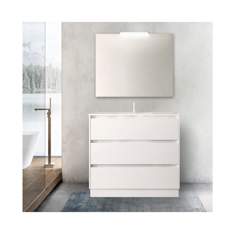Abitare - Meuble de salle de bain sur pied en bois blanc brillant 100 cm avec vasque en porcelaine - Nova - Avec miroir et lampe led