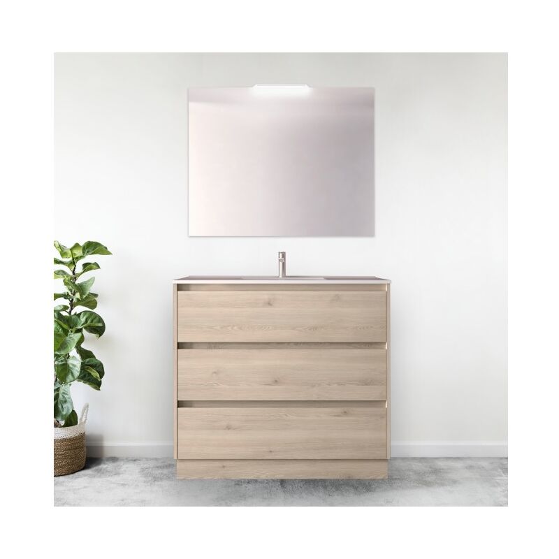 Caesaroo - Meuble de salle de bain sur pied en bois naturel 100 cm avec vasque en porcelaine - Nova - Avec miroir et lampe led