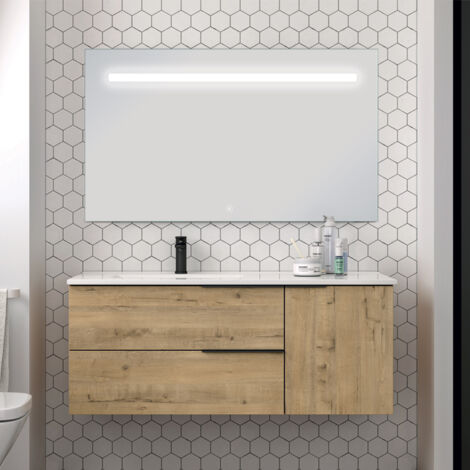 Meuble de salle de bain 100 cm vasque déportée - 2 tiroirs - KING et miroir Led STAM
