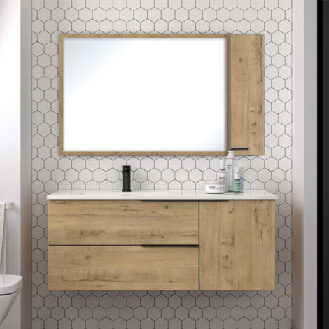 Meuble de salle de bain 100 cm vasque déportée - 2 tiroirs - miroir avec armoirette - roble (chêne clair) - KING