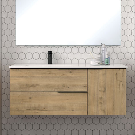 Meuble de salle de bain 100 cm vasque déportée - 2 tiroirs - sans miroir - roble (chêne clair) - KING