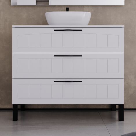 Meuble de salle de bain 100cm avec plateau et vasque à poser ovale - 3 tiroirs - sans miroir - blanc - CALA