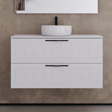 Meuble de salle de bain 100cm avec plateau et vasque à poser ronde - 2 tiroirs - sans miroir - blanc - PIA