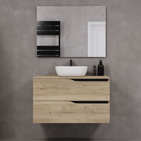 Meuble de salle de bain 100cm avec plateau et vasque à poser zeus - 2 tiroirs - madera miel (chêne clair) - LUNA