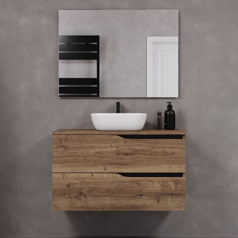 Meuble de salle de bain 100cm avec plateau et vasque à poser zeus - 2 tiroirs - tabaco (chêne foncé) - LUNA