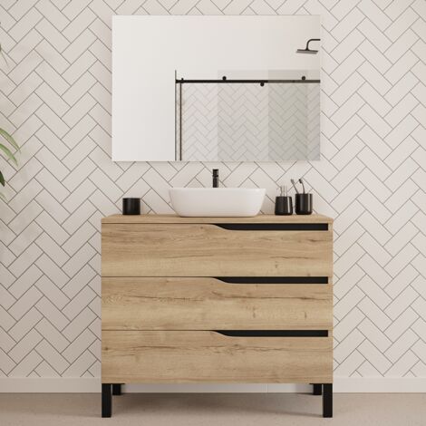 Meuble de salle de bain 100cm avec plateau et vasque à poser zeus - 3 tiroirs - madera miel (chêne clair) - MATA
