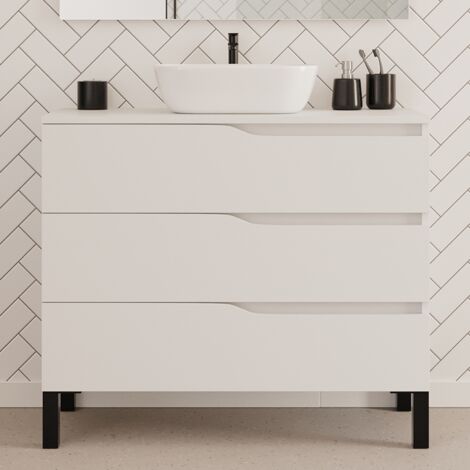 Meuble de salle de bain 100cm avec plateau et vasque à poser zeus - 3 tiroirs - sans miroir - blanc - MATA