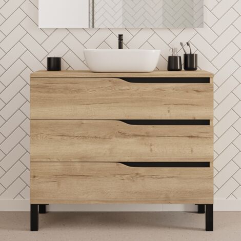 Meuble de salle de bain 100cm avec plateau et vasque à poser zeus - 3 tiroirs - sans miroir - madera miel (chêne clair) - MATA