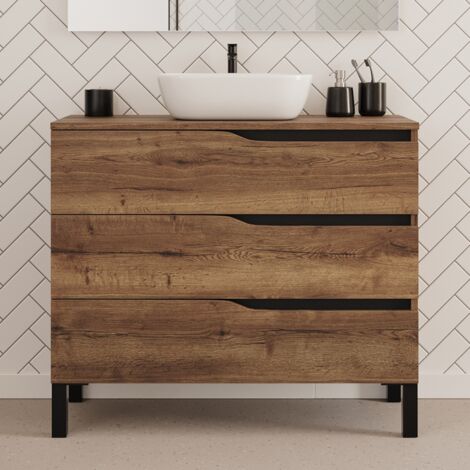 Meuble de salle de bain 100cm avec plateau et vasque à poser zeus - 3 tiroirs - sans miroir - tabaco (chêne foncé) - MATA