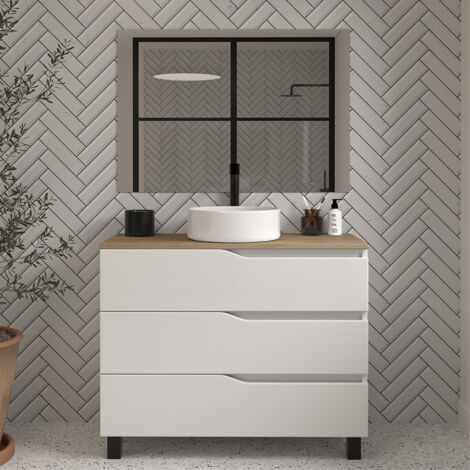 Meuble de salle de bain 100cm avec plateau miel et vasque à poser - 3 tiroirs - blanc - MATA