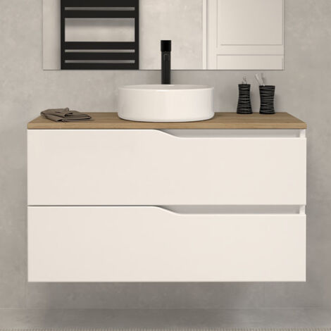 Meuble de salle de bain 100cm avec plateau miel et vasque à poser - sans miroir - 2 tiroirs - blanc - LUNA
