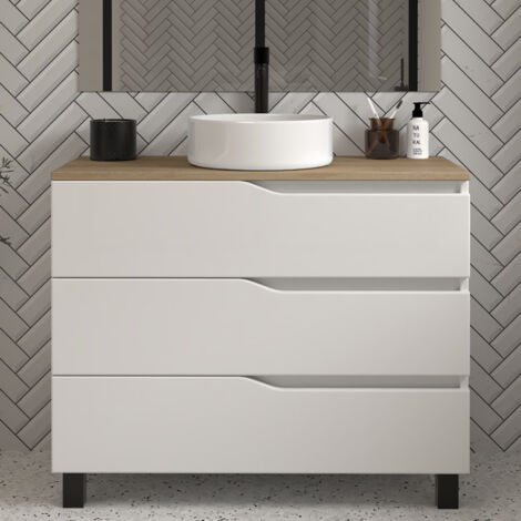 Cosyneo – Meuble de salle de bain 100cm avec vasque à poser – 3 tiroirs – plateau hydrofuge – blanc mat – fermeture douce Hettich